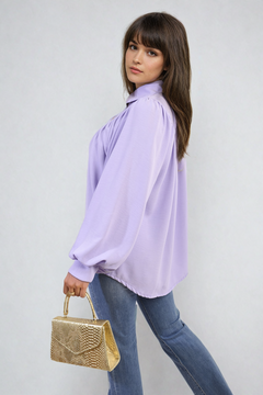 High Neckline Button Front Balloon Sleeve Top