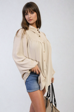 High Neckline Button Front Balloon Sleeve Top