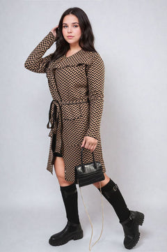 Check Print Full Sleeve Notched Lapel Collar Neck Belted Coat