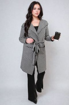 Check Print Full Sleeve Notched Lapel Collar Neck Belted Coat