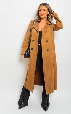 Open Front Lapel Neck Longline Trench Coat