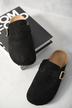 Suede with Buckle Details Slip On Sandals