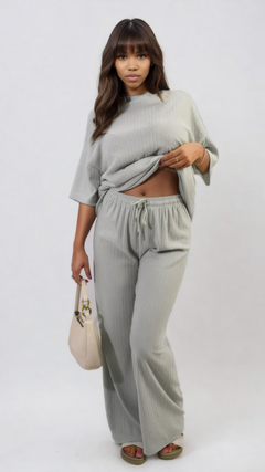 Ribbed Oversized Top and Drawstring Wide Leg Trouser Co-ord Set