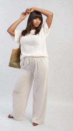 Ribbed Oversized Top and Drawstring Wide Leg Trouser Co-ord Set