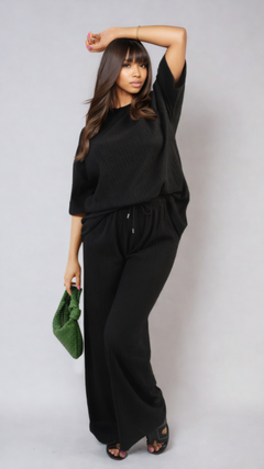 Ribbed Oversized Top and Drawstring Wide Leg Trouser Co-ord Set