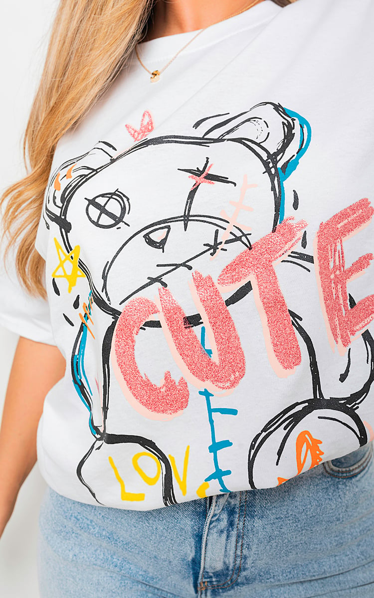 Cute Teddy Graphic Glitter Detail T-shirt