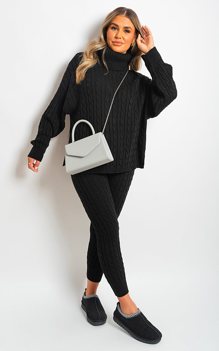 Turtle Neck Cable Knitted Top And Pants Co-ord Set