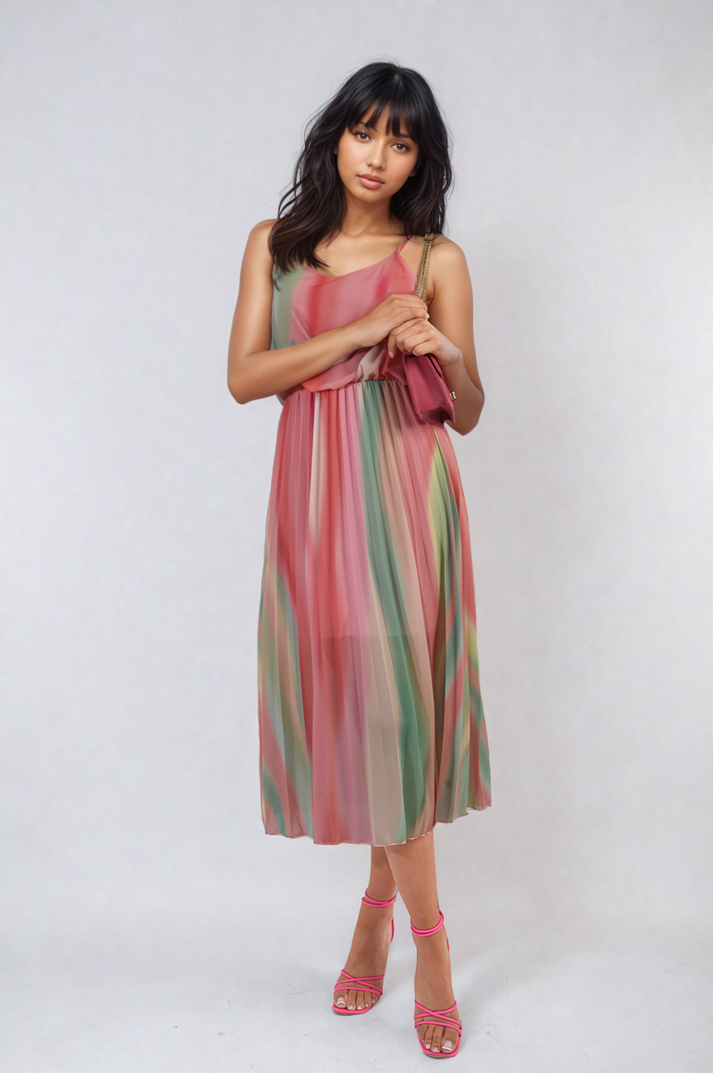 Multi Colored Print Pleated Strappy Midi Dress