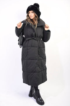 Longline Puffer Jacket With Belt Detail