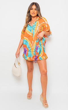 Izabella Tie-Dye Pleated Patterened Shirt and Short Co-ord