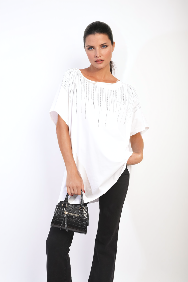 Embellished Neckline Short Sleeve Top