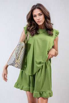 Ruffle Trim Sleeve Top and Shorts Co-ord Set