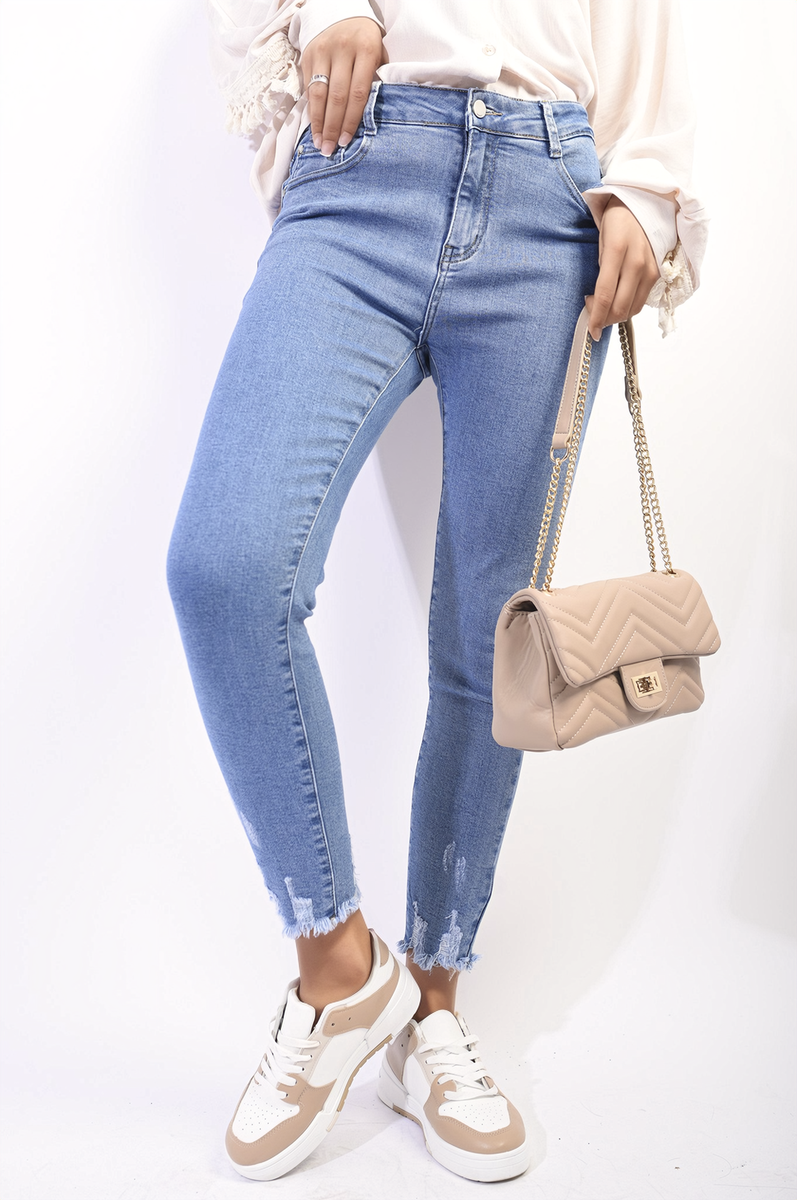 High Waist Distressed Hem Skinny Jeans