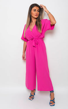 V Neck Tie Waist Short Sleeve Jumpsuit