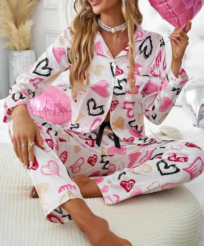 Heart Print Long Sleeve Button Top & Pants Pyjamas Set