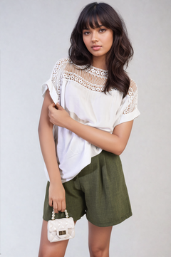 Lace Insert Round Neck Hollow Top